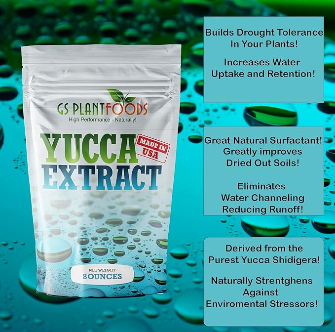 GS Plant Foods Yucca Extract Wetting Agent - All Natural Wetting Agent (8 Ounces Concentrate) - Plant Thirst Quench for Plants, Lawns - Liquid Aeration Soil Loosener