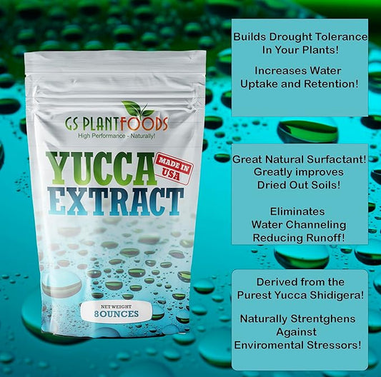 GS Plant Foods Yucca Extract Wetting Agent - All Natural Wetting Agent (8 Ounces Concentrate) - Plant Thirst Quench for Plants, Lawns - Liquid Aeration Soil Loosener