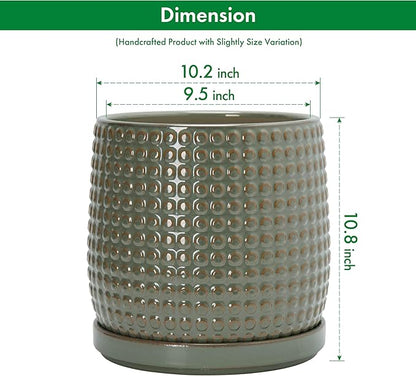 D'vine Dev 10 Inch Ceramic Beaded Stoneware Planter Pot - Flower Pot with Drainage Holes and Saucers for Indoor Succulent Plants or Flowers, Olive, 27-C-P-0