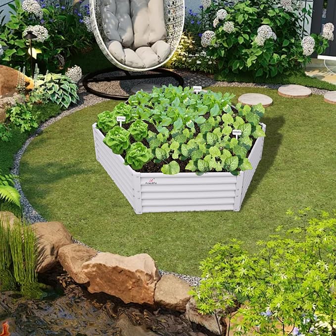 A ANLEOLIFE 6 Set Hexagon Galvanized Raised Garden Beds Outdoor,70x60x18in Metal Planter Box for Planting Vegetables Flowers Herb, Anti-Rust & Easy-Setup, Antique White