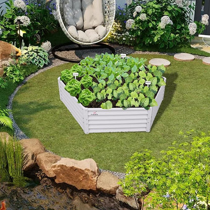 A ANLEOLIFE 6 Set Hexagon Galvanized Raised Garden Beds Outdoor,70x60x18in Metal Planter Box for Planting Vegetables Flowers Herb, Anti-Rust & Easy-Setup, Antique White