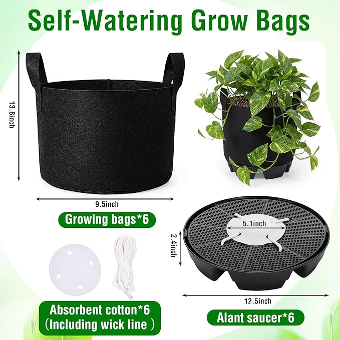 6 Set Self Watering Fabric Pot Base Plant Nonwoven Grow Bags Automatic Watering Plant Saucers Elevated Flower Trays for Fruits Vegetables Flowers(5 Gallon,Black)
