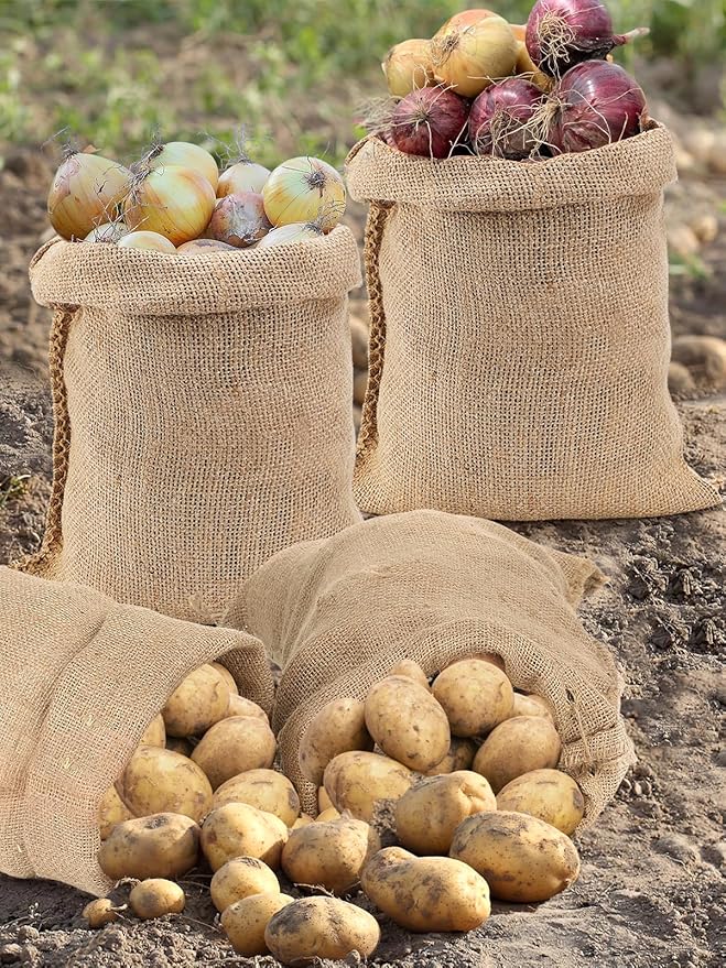 ANPHSIN 4Pcs Breathable Natural Burlap Bags - 16"x24" Reusable Thicken Jute Potato Onion Food Storage Sacks with Rope