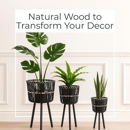 Set of 3 Woven Basket Decorative Planter Pot – Bamboo & Pine Wood Outdoor & Indoor Plant Pot – Modern Boho Garden and Home Decor Planters – 19", 23", & 26", Black