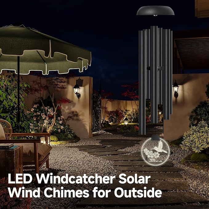 Solar Wind Chimes for Outside, 6 Tubes Relaxing Melody Wind Chimes with Hummingbird LED Windcatcher, Windchimes for Garden Patio Decor, Great Gift Idea for Mother's Day