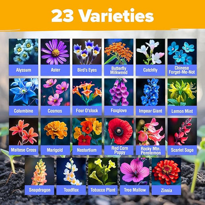 HOME GROWN Premium Wildflower Seeds 89,000+ Count - 23 Non-GMO Native Varieties for Bees, Butterflies & Birds - Perennial Wildflower Seed Mix Bulk 2oz - for Full Sun & Shade Gardens
