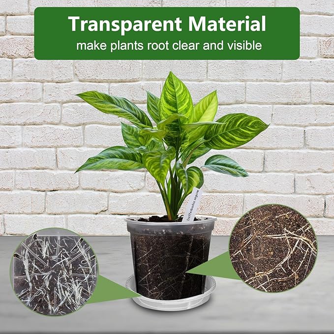 Clear Nursery Pots for Plants with Drainage Holes, 4/5/6/7 Inch Transparent Plastic Plant Pots, 8 Pack Reusable Garden Seed Starter Pots with Trays and 10 Plant Labels for Succulents, Herbs, Cactus