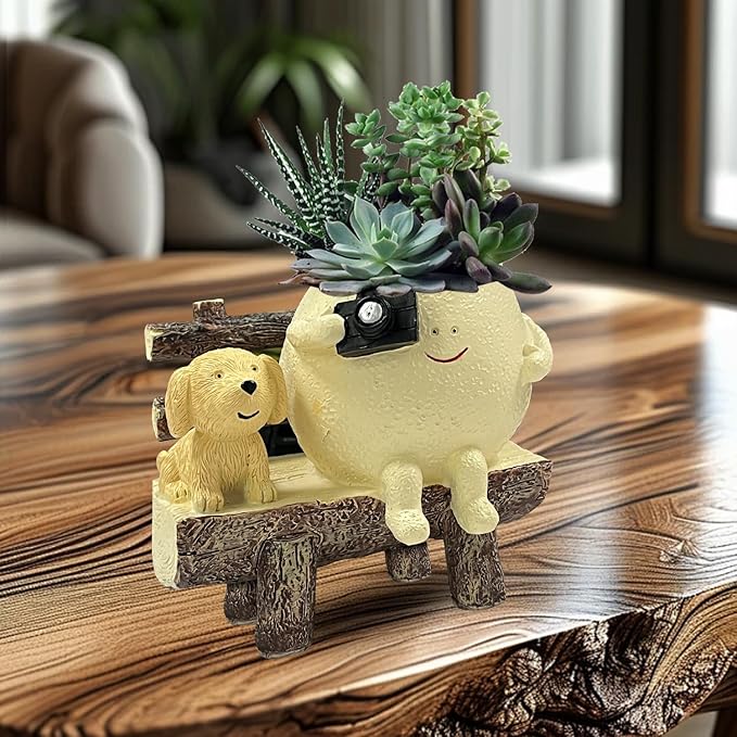 Cute Funny Resin Bench Smiley Face Plant Pot Unique Head Succulent Planter for Indoor & Outdoor Flower