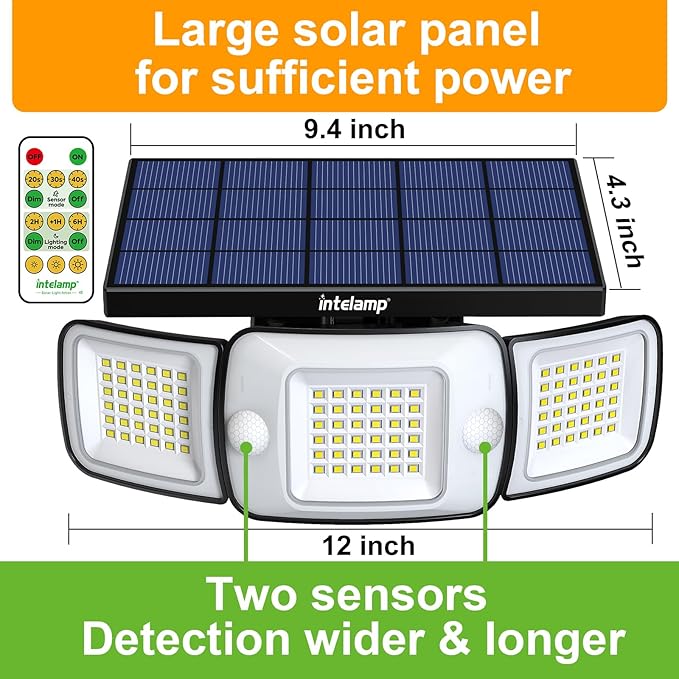 intelamp Outdoor Solar Light Waterproof, 6000mAh 1200LM Motion Sesnsor Flood Lights with Dual Sensor, 4 Modes Remote Control, 270° Wide Angle Security Light for Garden Garage Yard Pathway Farm