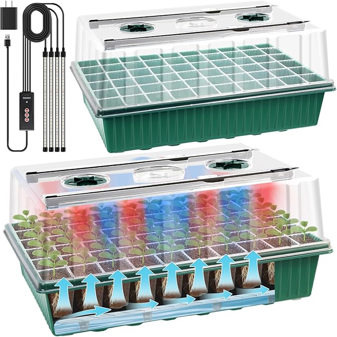 2 Set 120-Cell Seed Starter Tray with Grow Light, Self-Watering Seed Starter Kit with Humidity Dome, Adjustable Brightness Timed Seedling Starter Plant Germination Trays Indoor