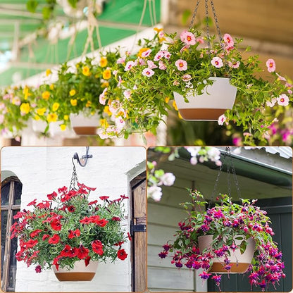 Mumufy 6 Pcs 8 Inch Hanging Planter for Indoor and Outdoor Plants Plastic Hanging Flower Pots with Drainage Hole and Removable Saucer Hanging Plant Holder Plant Hanging Basket (White)