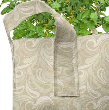 Lunarable Ivory and Beige Grow Bags 5-Pack, Ornamental Paisley, Heavyduty Fabric Pots with Handles for Plants, Beige and Ivory