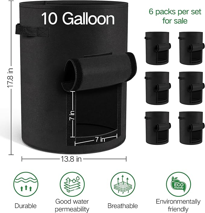 6-Pack 10 Gallon Potato Grow Bags – Durable Nonwoven Fabric Planters with Reinforced Handles | Reusable Garden Containers for Potatoes, Vegetables (Black, 10 Gallons/6 Pack)