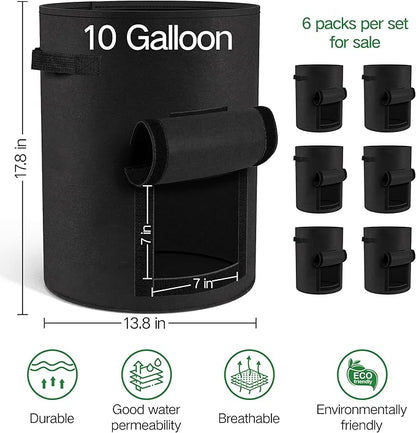 6-Pack 10 Gallon Potato Grow Bags – Durable Nonwoven Fabric Planters with Reinforced Handles | Reusable Garden Containers for Potatoes, Vegetables (Black, 10 Gallons/6 Pack)
