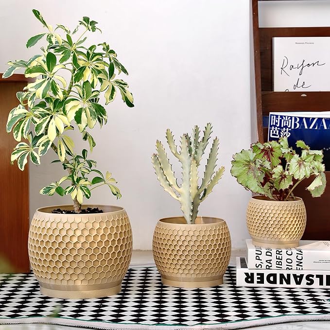 Plant Pots, Modern 3D Printed Honeycomb Planters for Indoor Plants, 4.7/6/8 Inch Wood Decorative Flower Pot for Office Desktop, Bookshelf & Home Decor, Lightweight & Durable