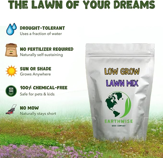 Earthwise Low Grow No Mow Grass Seed – Clover and Fine Fescue Alternative Lawn Mix, Organic, Low Maintenance, Drought Tolerant, Pet Safe – Covers 5,000 sq ft Overseed, 2,000 sq ft Bare, 5 lb