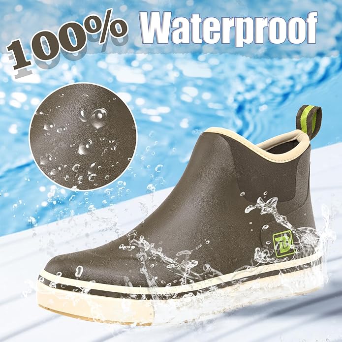 Trudave Mens Deck Boots, Waterproof Rubber Fishing Rain Boots, Anti-slip Short Ankle Shoes for Outdoor Fishing, Boating, Size 5-14