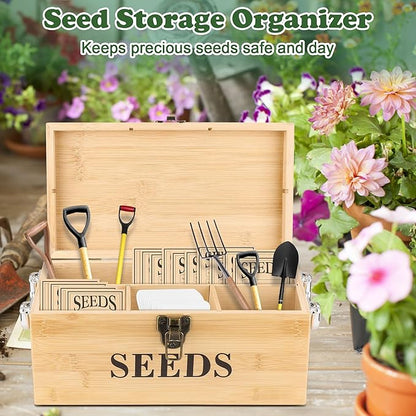 Coolrunner Wood Seed Saving Box, Seed Storage Organizer Case, Seed Packet Storage Organizer with Lock and 3 Handles, 30P Plant Labels, 30P Seeding Envelopes Bag (Natural Wood Color)