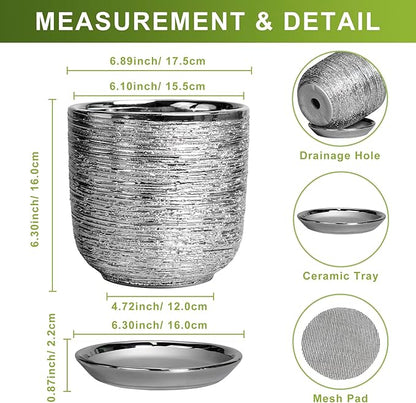 Ceramic Flower Pot - 7 Inch Ceramic Plant Pot for Indoor Flowers, Modern Outdoor Round Planter with Drainage Hole and Saucer, Gifts for Plant Lovers, Home Garden Decor, Silver