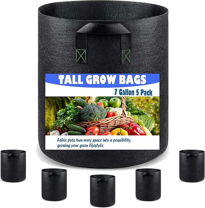 Tall Fabric Pots for Plants, 7 Gallon 5 Pack Cloth Grow Bags with Short Handles, Taller Design for Deep Root Vegetables, Washable Reusable Plant Pots for Garden Patio Pond