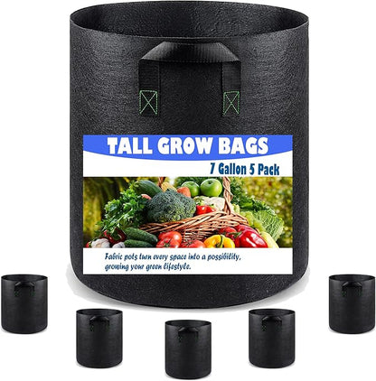 Tall Fabric Pots for Plants, 7 Gallon 5 Pack Cloth Grow Bags with Short Handles, Taller Design for Deep Root Vegetables, Washable Reusable Plant Pots for Garden Patio Pond