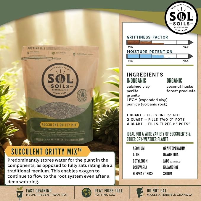 Sol Soils Succulent Gritty Mix 1 Gallon - Fast Draining Peat Moss Free Succulent Soil Potting Mix with Coconut Husk Chips, Perlite & Pumice