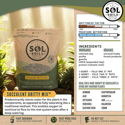 Sol Soils Succulent Gritty Mix 1 Gallon - Fast Draining Peat Moss Free Succulent Soil Potting Mix with Coconut Husk Chips, Perlite & Pumice