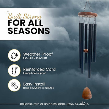 Wind Chimes for Outside clearence - Aluminum Pipes & Pine Wood Windchimes Outdoors, Sympathy Gifts for Loss of Loved One - Includes Letter from Heaven & Keepsake Keychain, Porch Decor - Black