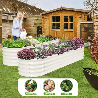 Galvanized Raised Garden Bed - 8x2x1.4FT Metal Planter Boxes Outdoor | Oval Steel Raised Bed Kit for Gardening with Protective Tape, Bracing Rods, Gloves for Vegetables, Flower, Herb (White)