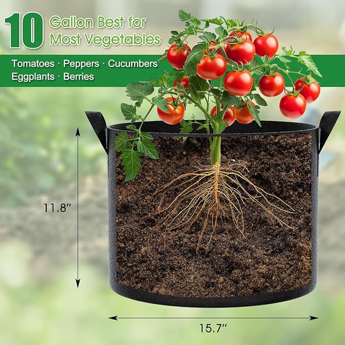 FEED GARDEN 10 Gallon Grow Bags 8 Pack – 300G Thickened Fabric Plant Pots with Reinforced Handles, Breathable Drainage Planters for Vegetables, Tomatoes, Herbs, Indoor & Outdoor Gardening