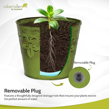 Robert Allen MPT01888 Fluer De Lis Series Metal Planter Flower Pot 4-Inch Tansy Green