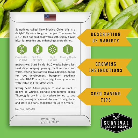 Anaheim Chili Pepper Seeds for Planting – Mild Green New Mexico Variety for Roasting and Cooking – Heirloom Non-GMO Open-Pollinated – Survival Garden Seeds (1 Pack)