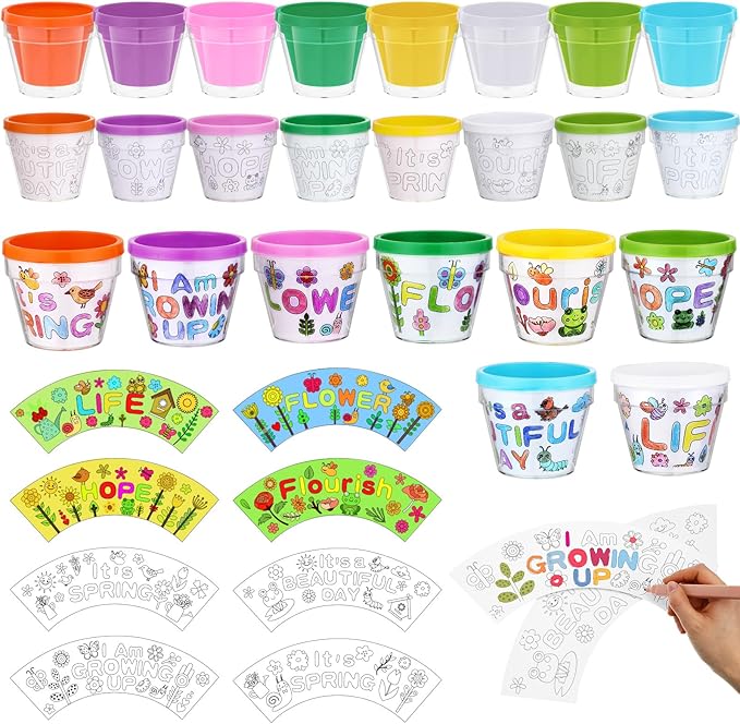 Meanplan 24 Pcs Spring DIY Flower Pots, Color Your Own Flowerpots Bulk Colorful Plastic Garden Pot Crafts Painting Kit for Adults DIY Art Projects Fun Activities