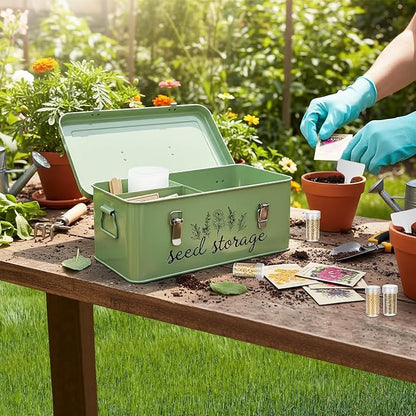 TINSKY Seed Storage Organizer Metal Seed Box with Lid and Locks Seed Saving Bank with 60 Seed Bottles, 30 Plant Labels and 60 Seed Envelopes, 3 Compartments, Suitable for Garden Floweren