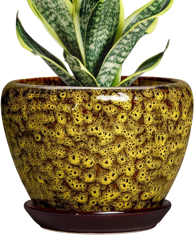 6 Inch Ceramic Plant Pots - Ceramic Pots for Plants Indoor Outdoor, Decorative Round Planter with Drainage Hole and Tray, Small Flower Pot, Bedroom Decor, Plant Lover Gifts, Yellow Leopard