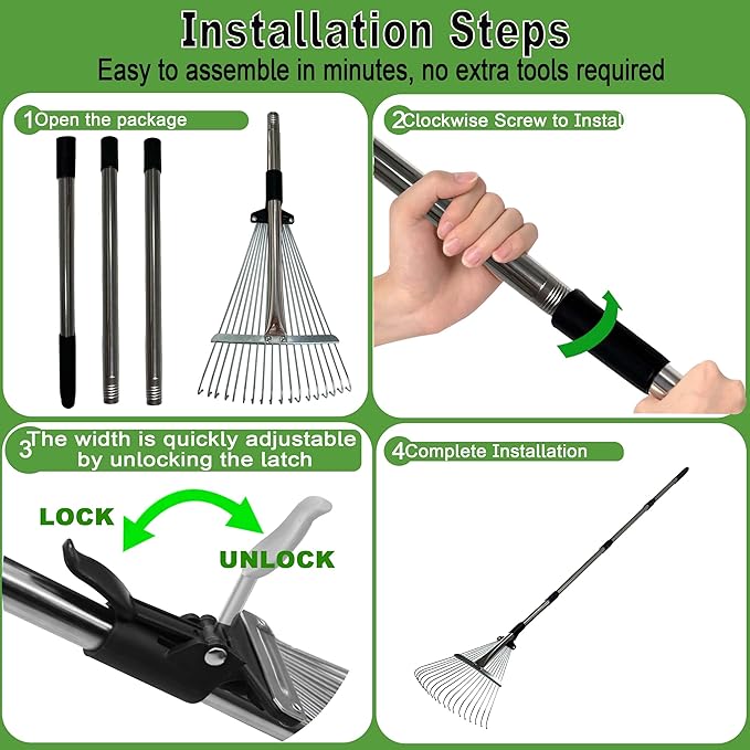 Garden Rake for Leaves, Metal Leaf Rake for Lawns with Adjustable Handle 【34"-68"】 & Folding Head 【8"-17"】，for Lawns, Yards, Leaves, Gardening