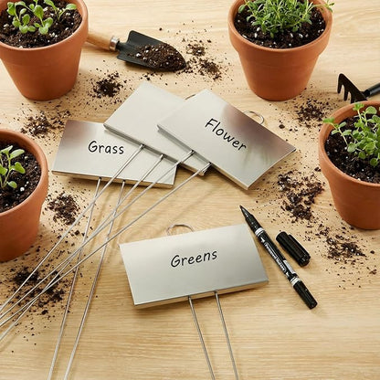Landhoow 30 Pcs Large Garden Plant Markers Metal Plant Labels Sign 5'' x 3'' with 21'' Stake Weatherproof Waterproof Garden Sign for Outdoor Seedlings Herbs Vegetable Greenhouse, Sliver