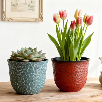 Worth Garden Plastic Round 8 Inch Planters for Indoor Plants Set of 6 Outdoor Resin Flower Pots Colorful with Drainage Hole Rubber Plug Retro Appearance Home Christmas Decorative Containers Multicolor