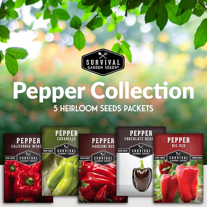 Sweet Pepper Collection – 5 Variety Pack | California Wonder, Marconi Red, Cubanelle, Chocolate Beauty & Big Red | Heirloom Non‑GMO Bell Peppers for Planting – Survival Garden Seeds