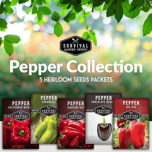 Sweet Pepper Collection – 5 Variety Pack | California Wonder, Marconi Red, Cubanelle, Chocolate Beauty & Big Red | Heirloom Non‑GMO Bell Peppers for Planting – Survival Garden Seeds