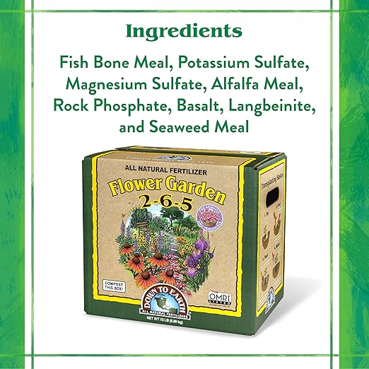 Down To Earth All Natural Fertilizers Organic Flower Garden - Plant Food for Blooming Annuals, Perennials and Flowering Shrubs 2-6-5, 15 lb