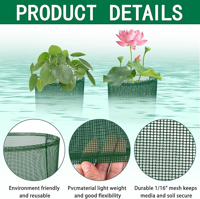 EBaokuup 4 Pcs Aquatic Pond Planting Bags, 7" Reusable Mesh Water Garden Pond Plant Pot, Breathable Green Square Lily Plant Pots for Pond Bog Plant Garden Terrestrial Plant