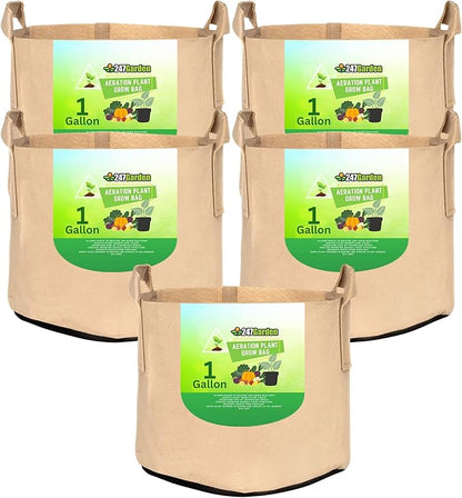 247Garden 5-Pack 1-Gallon Aeration Fabric Pot/Plant Grow Bag w/Handles (260 GSM, Tan w/Black Base, 6H x 7D)