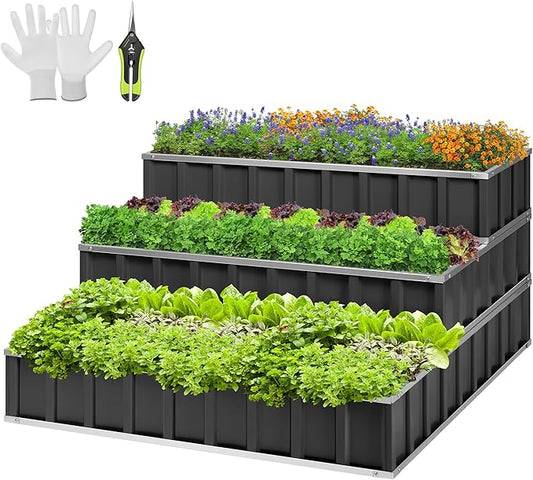 VIVOSUN 3-Tier Metal Raised Garden Bed, 46" x 46" x 24" Galvanized Steel Metal Outdoor Planter Box with Gloves and Scissors to Grow Flowers, Vegetables and Herbs for Outdoor Gardening, Dark Gray