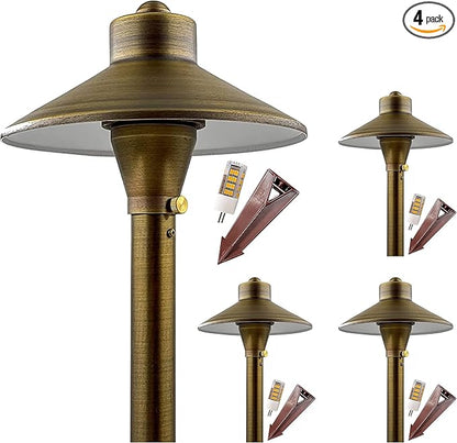 LED Low Voltage Pathway Lights 121- Solid Brass Outdoor Landscape Lights for Garden Pathway & Driveway Outdoor Lighting, 12V Landscape Lighting with Ground Stake & G4 LED Bulb (4 Pack Wide Top 8-1/2")