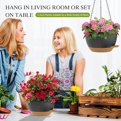 12 Inch Hanging Baskets 2 PC with Chains, Self-Watering Hanging Planters for Indoor Outdoor Plants, Plastic Hanging Flower Pots,Black Brown