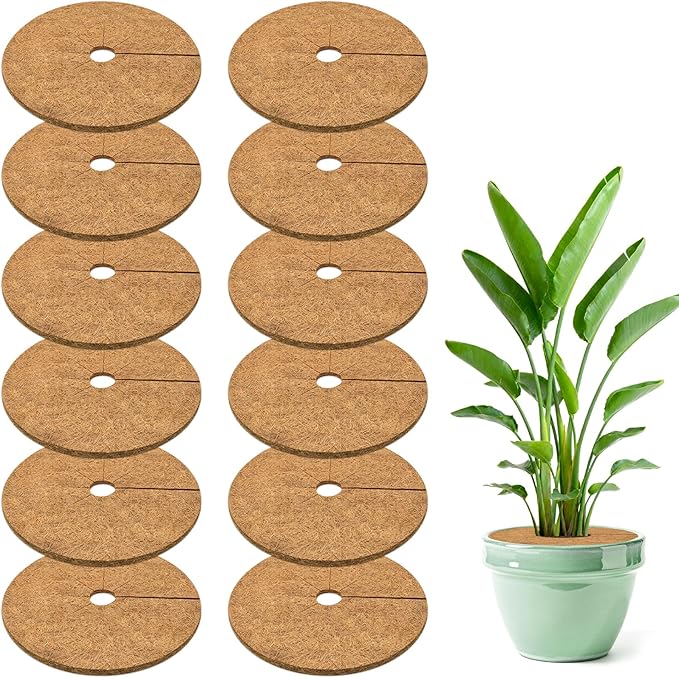 ZeeDix 12 Pack Coconut Fiber Mulch Ring, 11.8 Inch Coco Coir Tree Ring Mulch Mat, 100% Natural Tree Protector Mat Plant Cover Ring Coconut Coir Discs Tree Mats Mulch Rings for Indoor Outdoor Plants