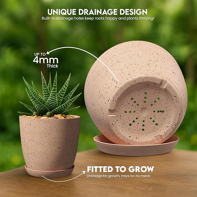 Utopia Home - Spotty Plant Pots Indoor with Drainage - 7/6.6/6/5.3/4.8 Inches Flower Pots - 5 Pack Plastic Planters - Ideal for Stocking Stuffers - (Speckled Peach Pink, Pack of 10)