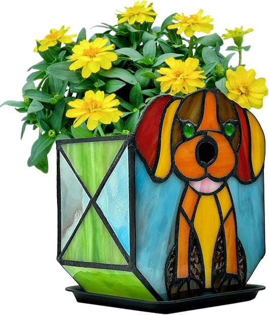 Tiffany Style Dog Planter,Indoor Plant Pots with Drainage,Unique Cactus Pot,Arrange Dried Flowers Flower Pots,Plant Gifts for Dog Lovers