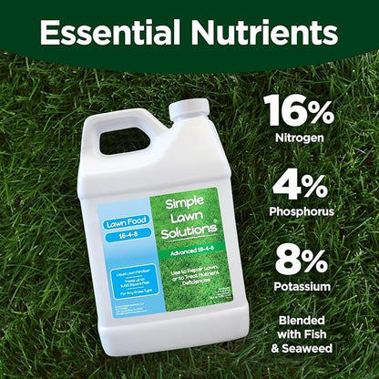 Advanced 16-4-8 Lawn Fertilizer - Liquid Lawn Food Spring & Summer Concentrated Spray - Any Grass Type- Fish and Seaweed Kelp- Balanced NPK - Simple Lawn Solutions (64 Ounce)